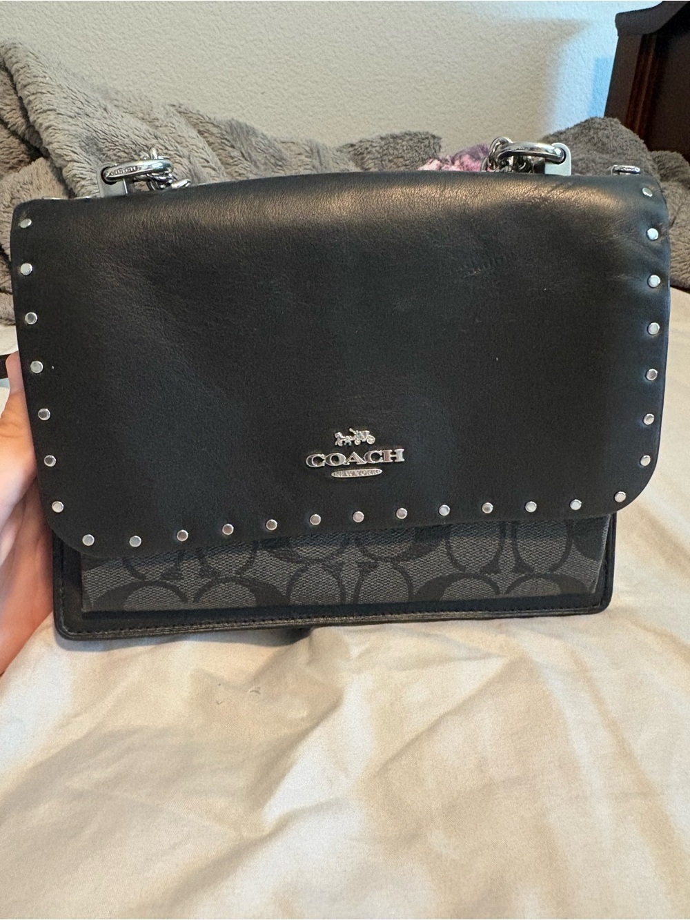 Coach Black Leather & Signature Canvas Stud Shoulder Bag